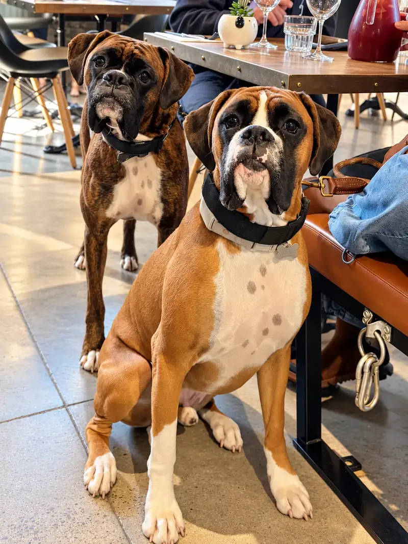 Deux boxers assis près d’une table dans la salle à manger du Ruby Café MTL