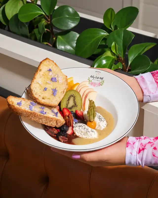 Brioche with ricotta, fresh fruit and edible flowers