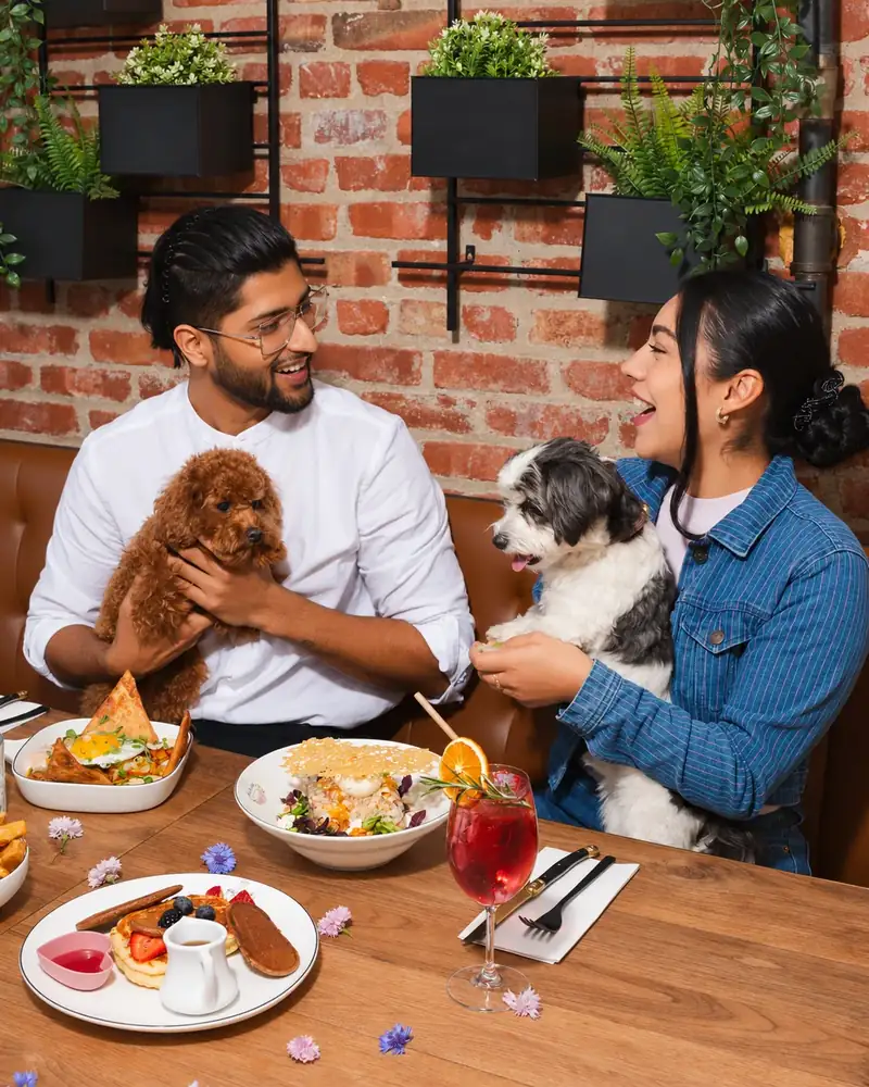 Smiling couple with their two dogs at a brunch table at Ruby Café MTL