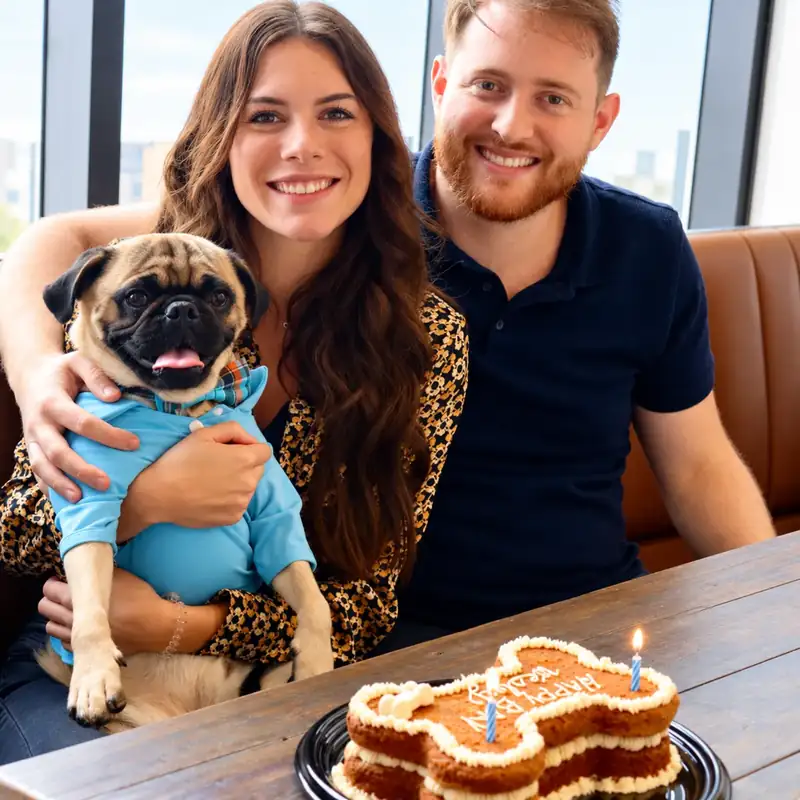 Couple with their pug and a bone-shaped dog birthday cake at Ruby Café MTL