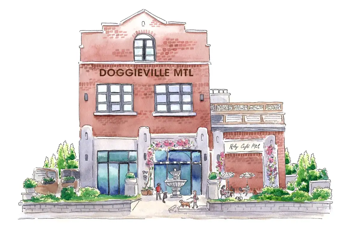 Watercolor of the Doggieville and Ruby Café MTL building