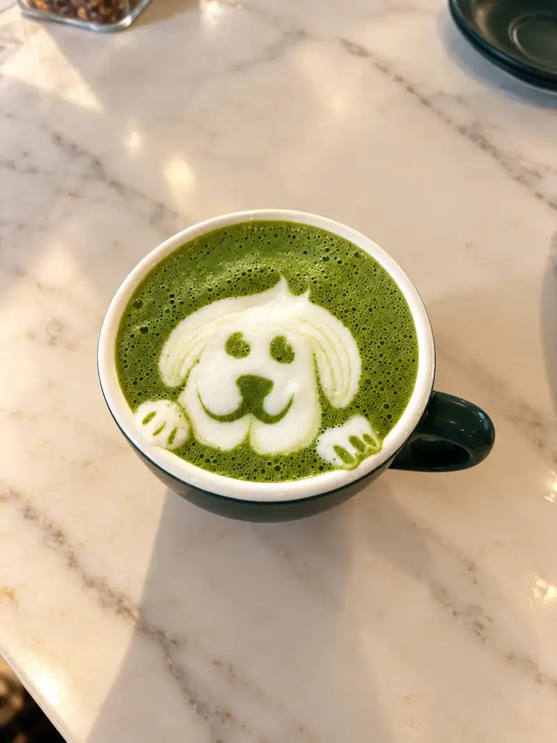 Latté matcha avec un chiot dessiné dans la mousse