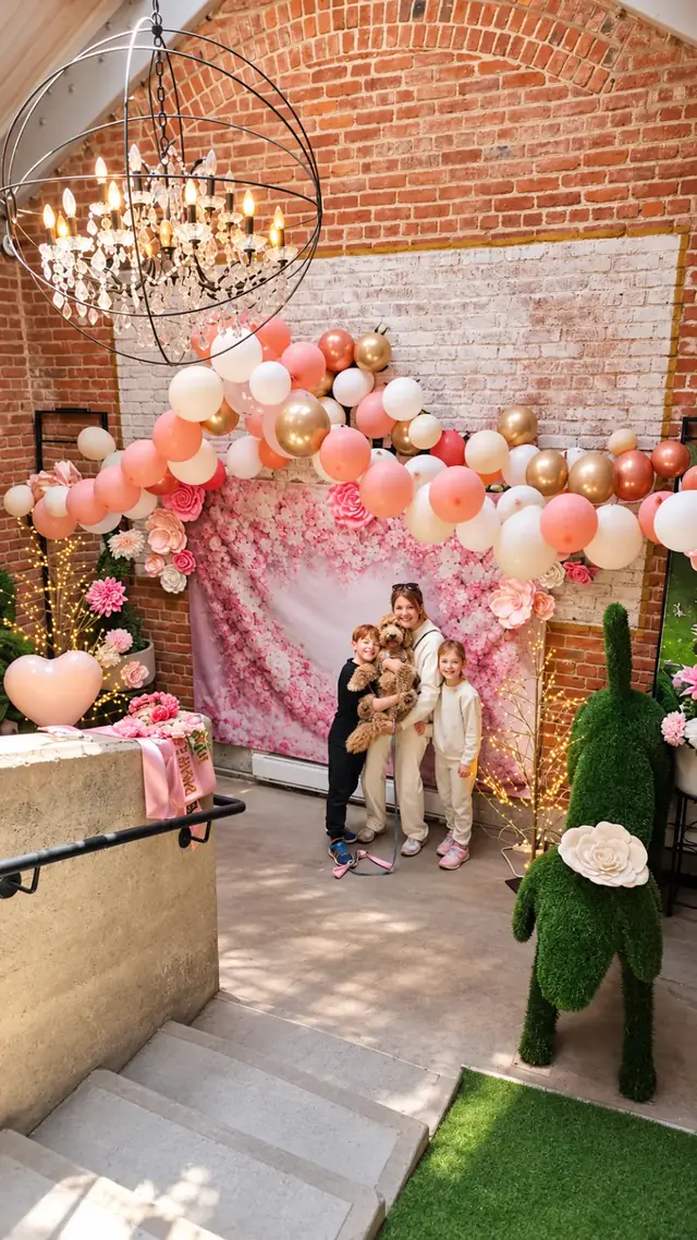 Family with a goldendoodle at the pink flower and balloon photo booth.