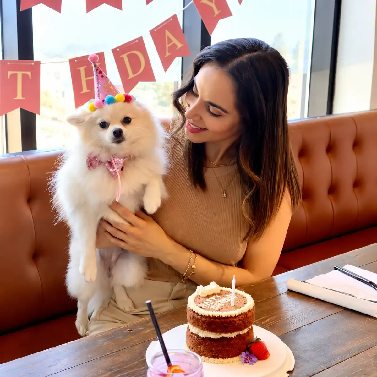 Un poméranien blanc avec chapeau de fête pour son anniversaire, avec un gâteau pour chien au Ruby Café MTL