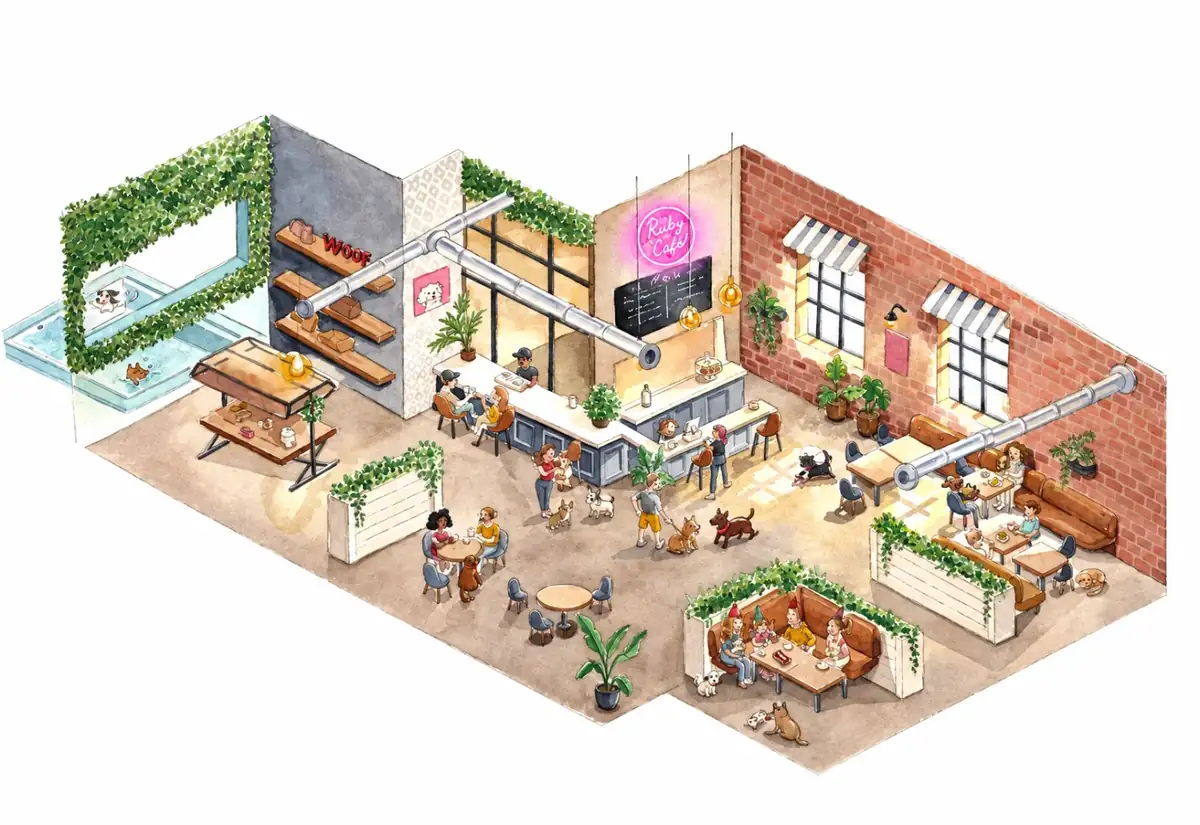 Watercolor of the Ruby Café MTL dining room
